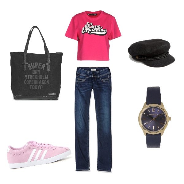 Outfit donna - Portami a Los Angeles. Stile Urban per Tutti i giorni. Abbinamento con felpa senza tasche collo tondo a maniche corte tinta unita, orologio con cinturino, borsa nero, sneakers rosa, cappello con visiera in paglia twill nero, jeans in denim blu.