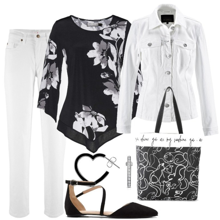 Outfit donna - Maglia lunga in fantasia floreale. Stile Casual per Tutti i giorni. Abbinamento con jeans mom, maglieria, shopping bag, ballerine, blazer, orecchini.