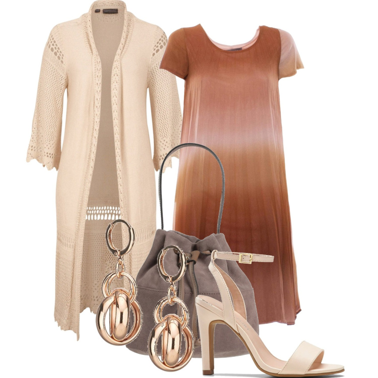 Outfit donna - Vestiti di primavera. Stile Casual chic per Tutti i giorni. Abbinamento con cardigans, sandali col tacco, borse a mano, orecchini, vestiti corti.
