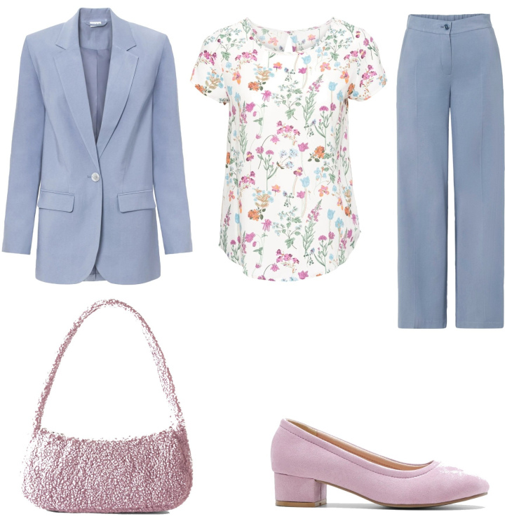 Outfit donna - Rosa e viola. Stile Trendy per Ufficio. Abbinamento con bluse, pantaloni a palazzo, décolleté, blazer, borse a mano.
