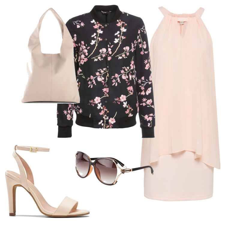 Outfit donna - Un tocco di rosa. Stile Casual chic per Tutti i giorni. Abbinamento con bomber, occhiali da sole, vestiti, shopping bag, sandali col tacco.