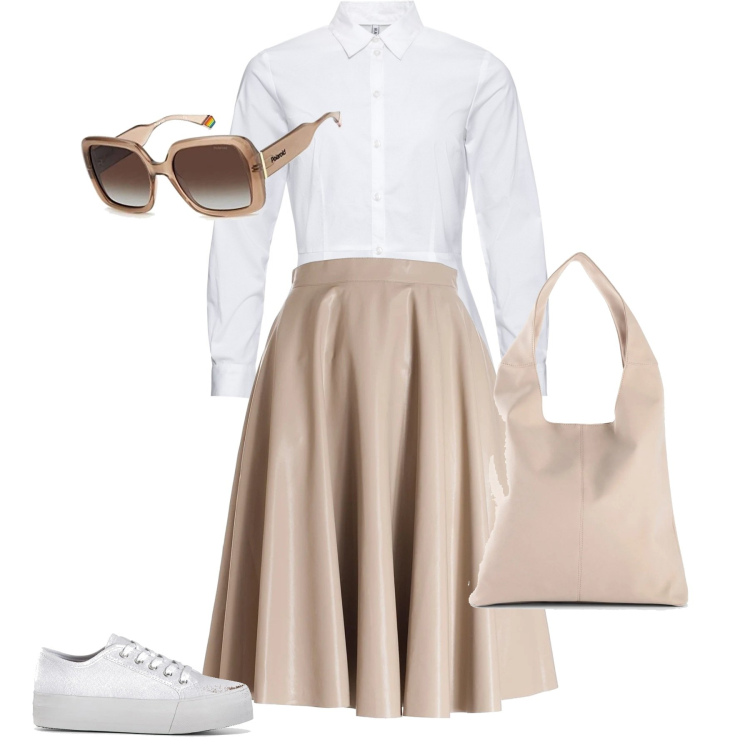 Outfit donna - Una domenica di aprile. Stile Casual chic per Tutti i giorni. Abbinamento con sneakers, camicie, shopping bag, gonne longuette, occhiali da sole.