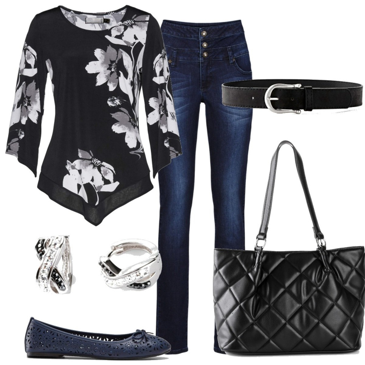 Outfit donna - Casual chic #8585. Stile Casual chic per Tutti i giorni. Abbinamento con ballerine, cinture, maglieria, jeans skinny, borse a mano, orecchini.