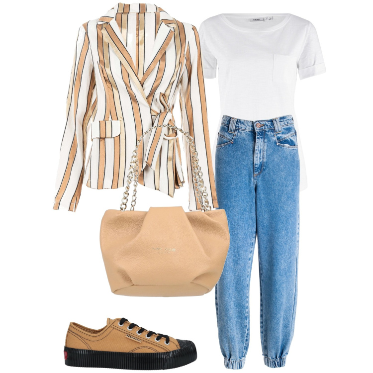 Outfit donna - Sporty Chic. Stile Sporty chic per Scuola/Università. Abbinamento con t-shirt, sneakers, borse a mano, jeans dritti, blazer.