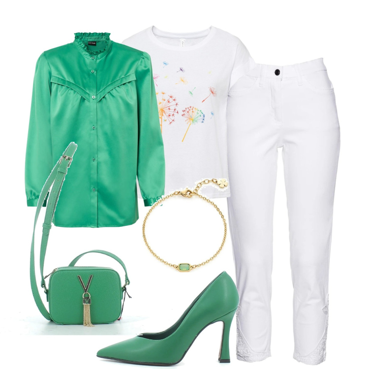Outfit donna - In città. Stile Trendy per Tutti i giorni. Abbinamento con t-shirt, jeans, camicie, sandali, borse a tracolla, braccialetti.