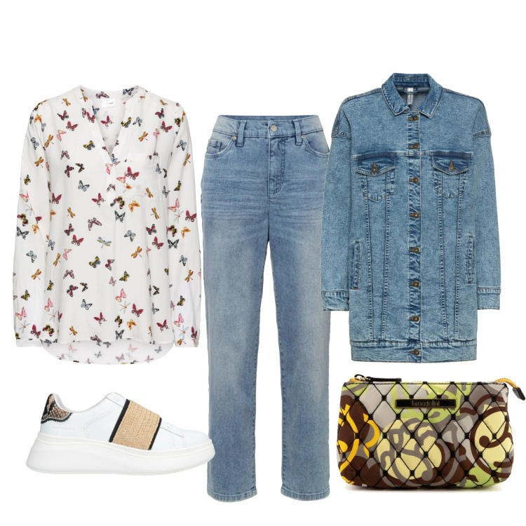 Outfit donna - Total look #1581895. Stile Basic per Tutti i giorni. Abbinamento con bluse, jeans mom, blazer, sneakers, pochette.