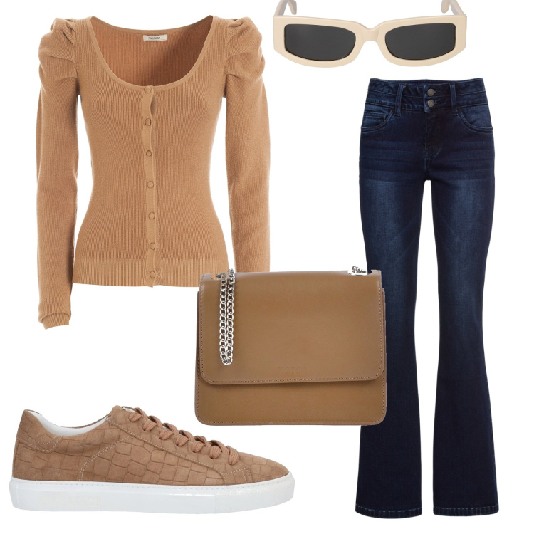 Outfit donna - Cardigan con maniche a sbuffo. Stile Basic per Tutti i giorni. Abbinamento con jeans bootcut, sneakers, borse a tracolla, cardigans, occhiali da sole.