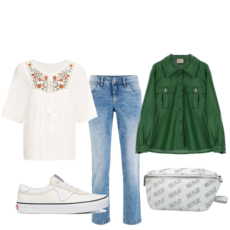 Outfit donna - Total look #1581917. Stile Basic per Tutti i giorni. Abbinamento con tuniche, jeans dritti, marsupi, sneakers, giacche.