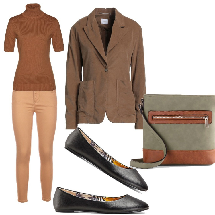 Outfit donna - Tempo Libero. Stile Bon Ton per Tutti i giorni. Abbinamento con ballerine, maglieria, borse a tracolla, blazer, jeans skinny.
