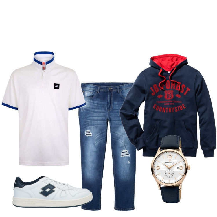 Outfit uomo - Total look #1581952. Stile Urban per Tutti i giorni. Abbinamento con felpe con cappuccio, jeans dritti, sneakers, t-shirt, orologi analogici.