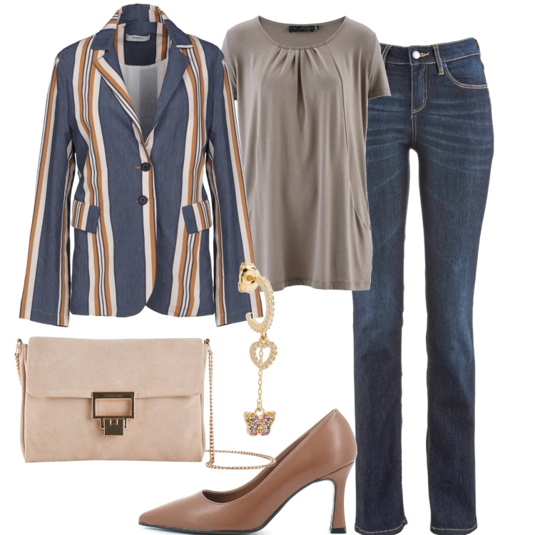 Outfit donna - In città. Stile Casual chic per Tutti i giorni. Abbinamento con jeans dritti, maglieria, pochette, blazer, orecchini, sandali.