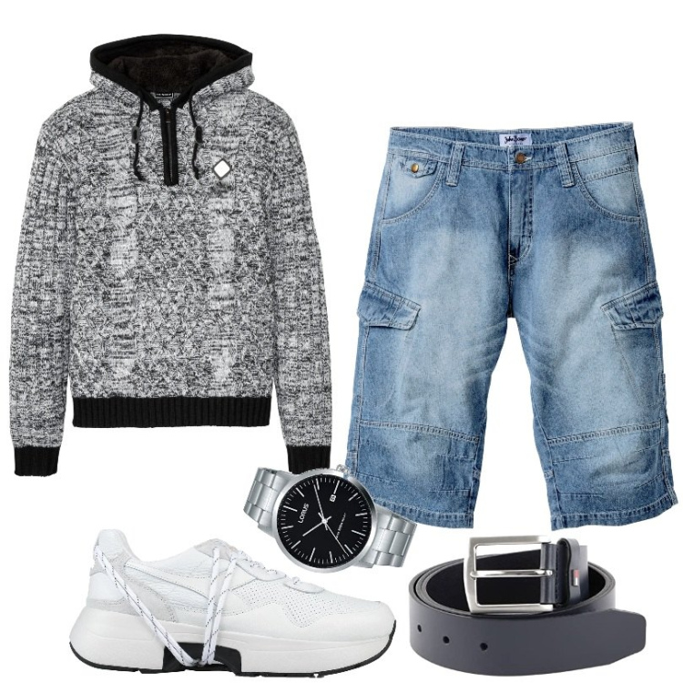 Outfit uomo - L\'uomo che ama la comodità. Stile Casual per Tutti i giorni. Abbinamento con bermuda, maglieria, sneakers, cinture, orologi analogici.