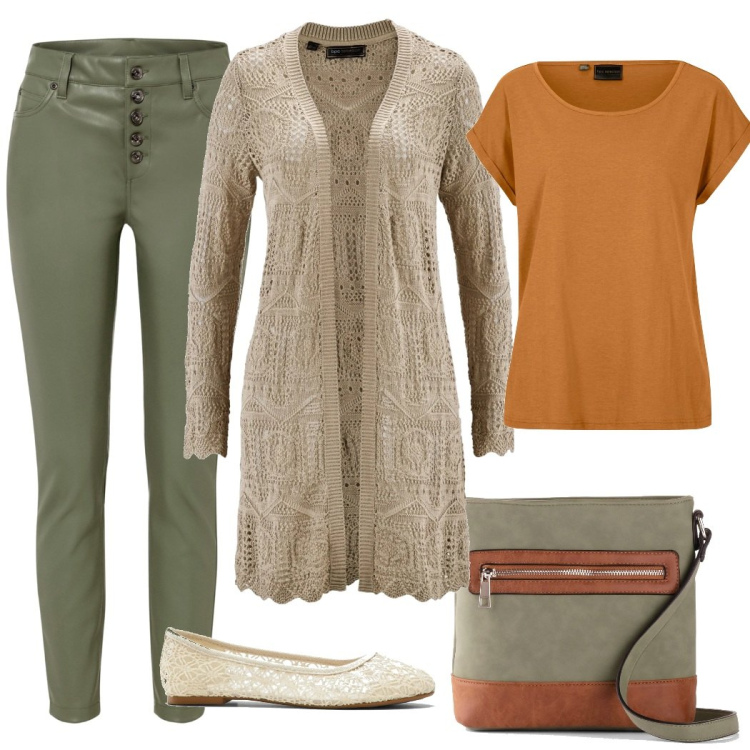 Outfit donna - Di fretta. Stile Basic per Ufficio. Abbinamento con cardigans, pantaloni, maglieria, borse a tracolla, ballerine.