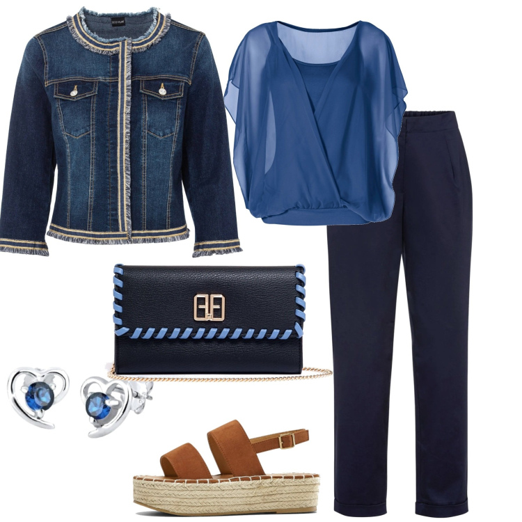 Outfit donna - In città. Stile Casual chic per Tutti i giorni. Abbinamento con blazer, bluse, pantaloni, sandali, pochette, orecchini.