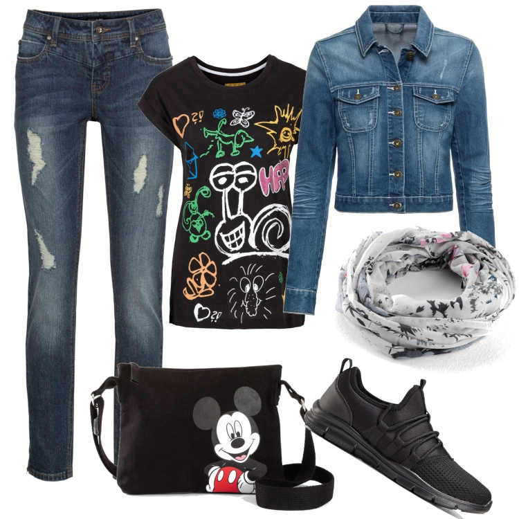 Outfit donna - Completo in jeans. Stile Trendy per Tutti i giorni. Abbinamento con t-shirt, sneakers, jeans strappati, borse a tracolla, blazer, foulard.