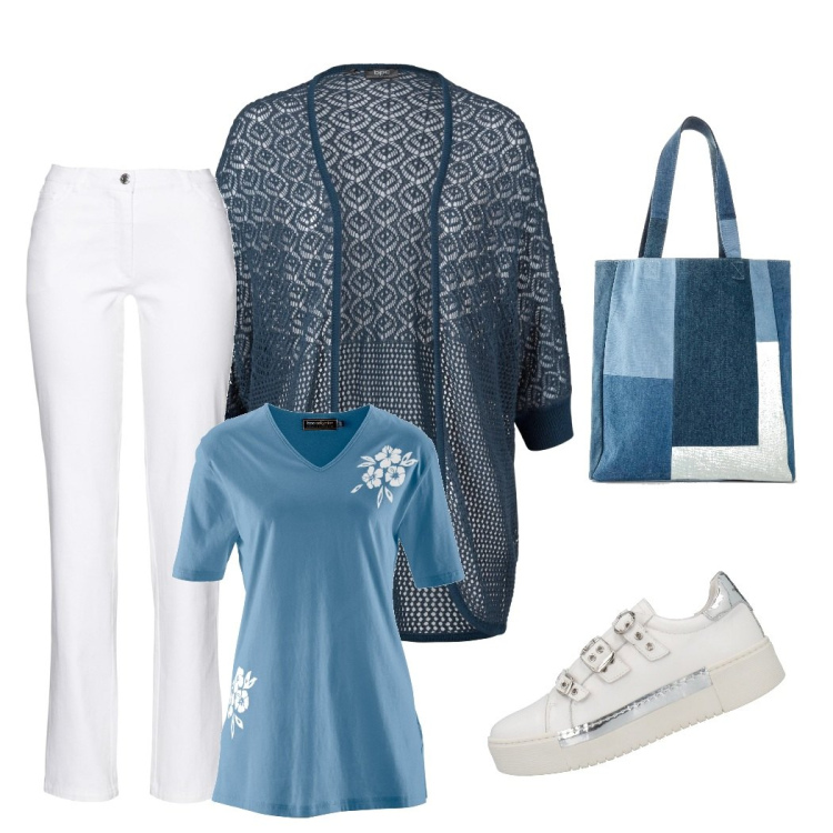 Outfit donna - Gita fuori porta. Stile Basic per Tutti i giorni. Abbinamento con cardigans, pantaloni, maglieria, shopping bag, sneakers.