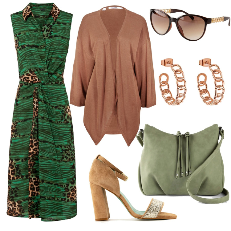 Outfit donna - Etno Chic Curvy. Stile Etnico per Tutti i giorni. Abbinamento con vestiti chemisier, vestiti chemisier, borse a tracolla, occhiali da sole, infradito, orecchini.
