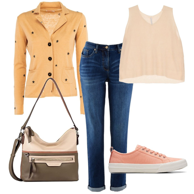 Outfit donna - Il blazer con le stelline. Stile Casual chic per Ufficio. Abbinamento con jeans boyfriend, blazer, canottiere, sneakers, borse a spalla.