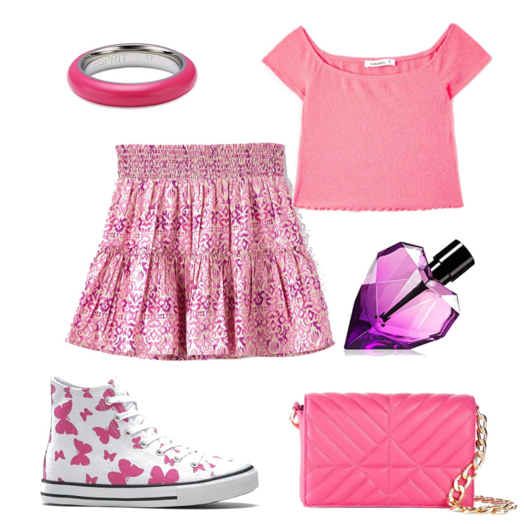 Outfit donna - Tenera girl. Stile Casual per Tutti i giorni. Abbinamento con sneakers alte, borse a mano, t-shirt, gonne, anelli, profumi.