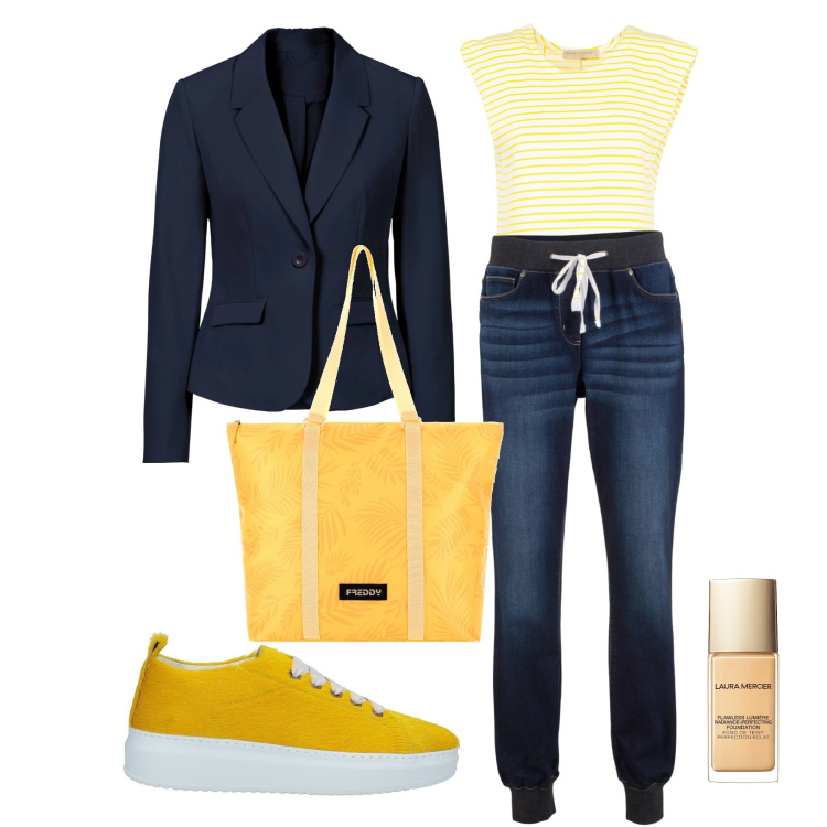 Outfit donna - Basic in giallo e blu. Stile Basic per Tutti i giorni. Abbinamento con jeans boyfriend, blazer, sneakers, maglieria, borse tote, fondotinta.