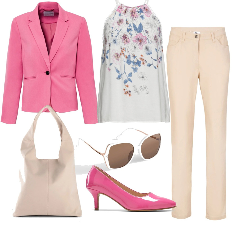 Outfit donna - La giacca rosa. Stile Casual per Tutti i giorni. Abbinamento con top, pantaloni, blazer, décolleté, shopping bag, occhiali da sole.