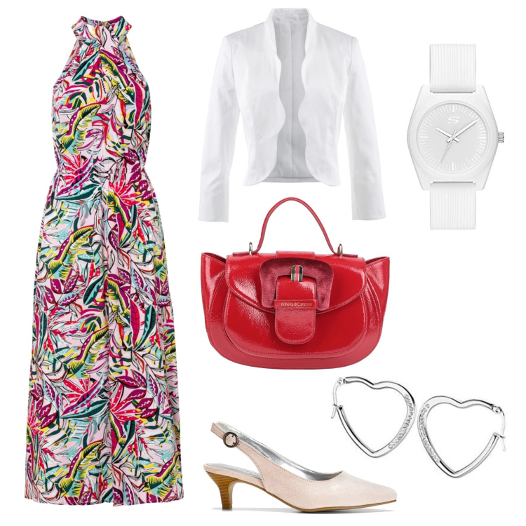 Outfit donna - Bianco a colori. Stile Romantica per Serata fuori. Abbinamento con blazer, vestiti lunghi, décolleté, borse a mano, orecchini, orologi.