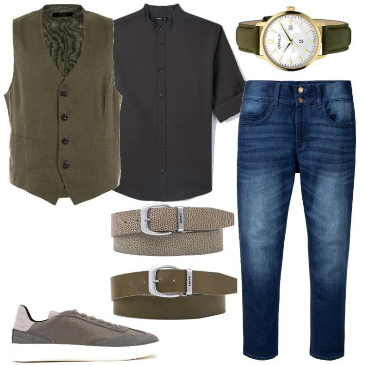 Outfit uomo - Total look #1582863. Stile Casual per Tutti i giorni. Abbinamento con jeans, camicie, sneakers, gilet, orologi analogici, cinture.