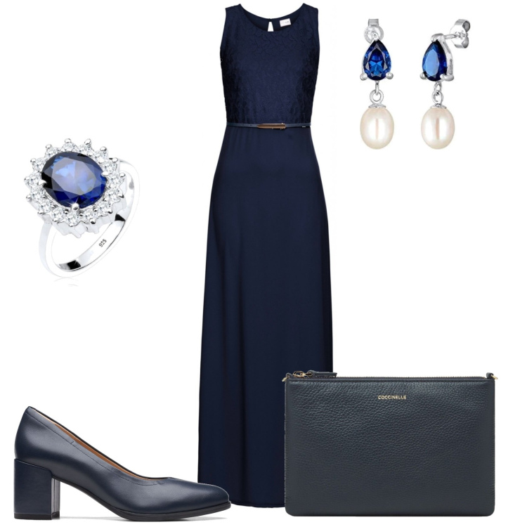 Outfit donna - In lungo blu. Stile Chic per Serata fuori. Abbinamento con vestiti lunghi, décolleté, borse a tracolla, anelli, orecchini.