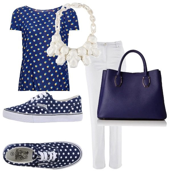Outfit donna - Pois che passione. Stile Urban Abbinamento con pantaloni, sneakers tennis, collana fantasia effetto acetato a calamita tinta unita, borsa a mano blu, camicia navy.