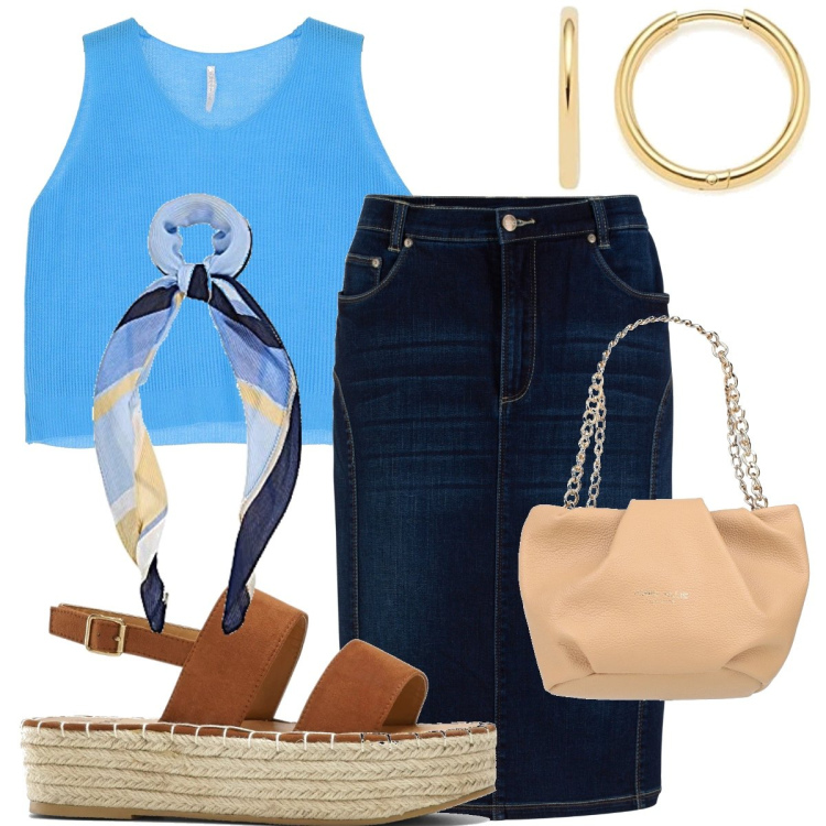 Outfit donna - Casual in denim. Stile Casual chic per Tutti i giorni. Abbinamento con gonne, sandali, borse a mano, canottiere, orecchini, sciarpe.