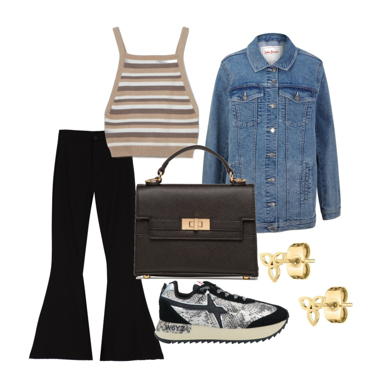 Outfit donna - Ghost outfitter - aprile. Stile Sporty chic per Tutti i giorni. Abbinamento con blazer, sneakers, top, pantaloni, borse a mano, orecchini.