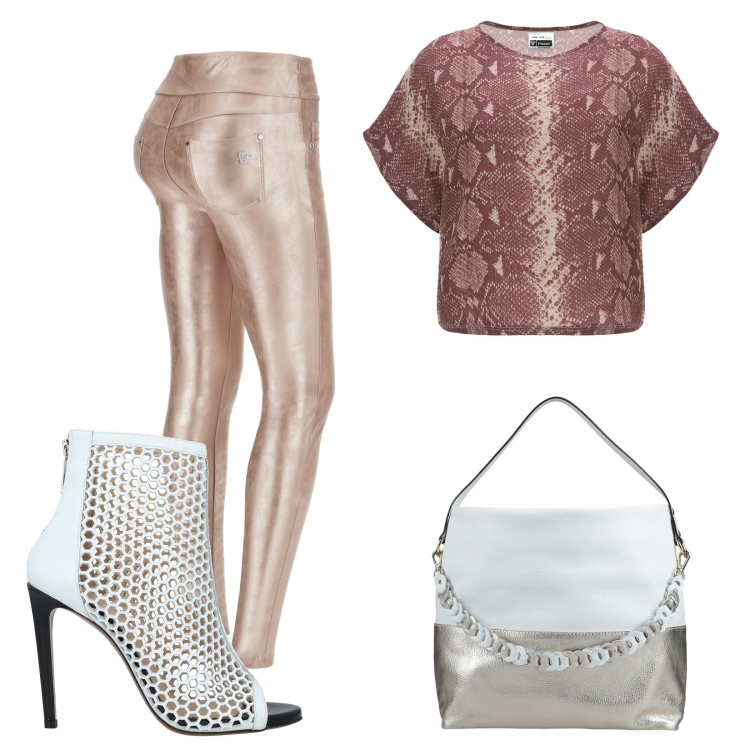 Outfit donna - Freddy- Look sporty-chic. Stile Sporty chic per Tutti i giorni. Abbinamento con borse a mano, stivaletti, maglieria, pantaloni skinny.