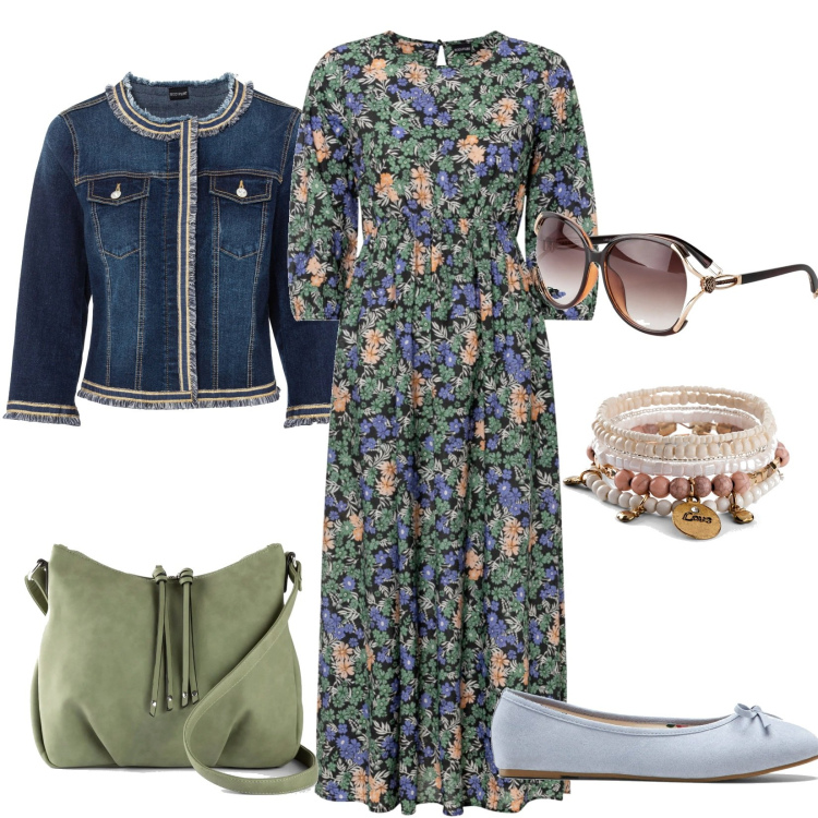 Outfit donna - Romantico Bonprix. Stile Romantica per Serata fuori. Abbinamento con blazer, occhiali da sole, braccialetti, vestiti, borse a tracolla, ballerine.