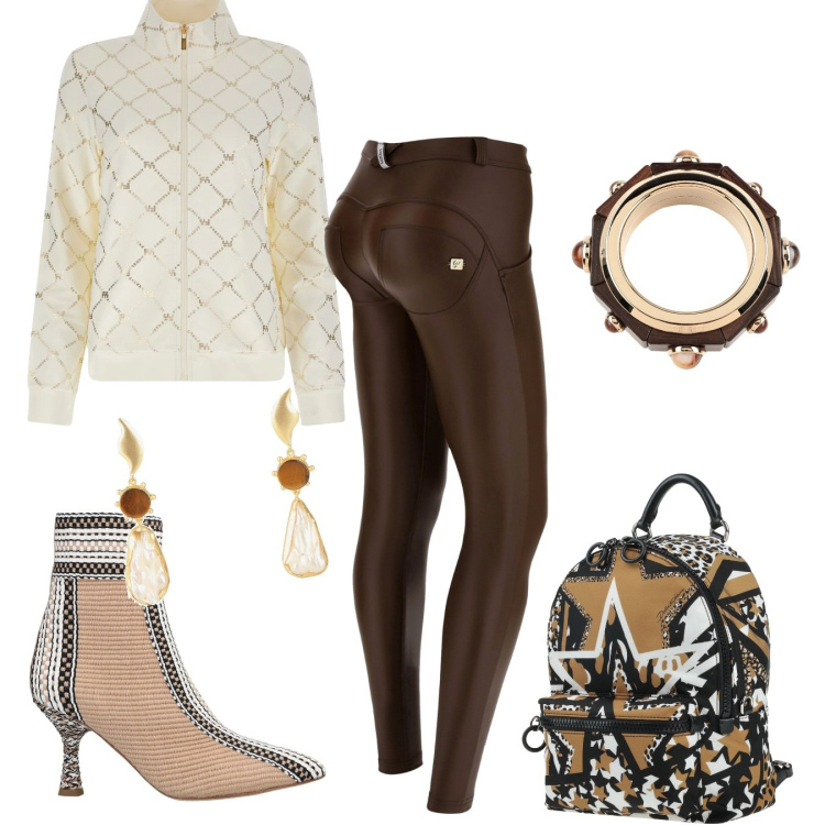 Outfit donna - Casual chic. Stile Casual chic per Tutti i giorni. Abbinamento con stivaletti, zaini, orecchini, braccialetti, pantaloni skinny, felpe.