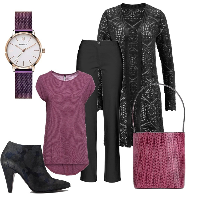 Outfit donna - Cardigan nero. Stile Bon Ton per Serata fuori. Abbinamento con maglieria, cardigans, pantaloni, borse a mano, stivaletti, orologi analogici.