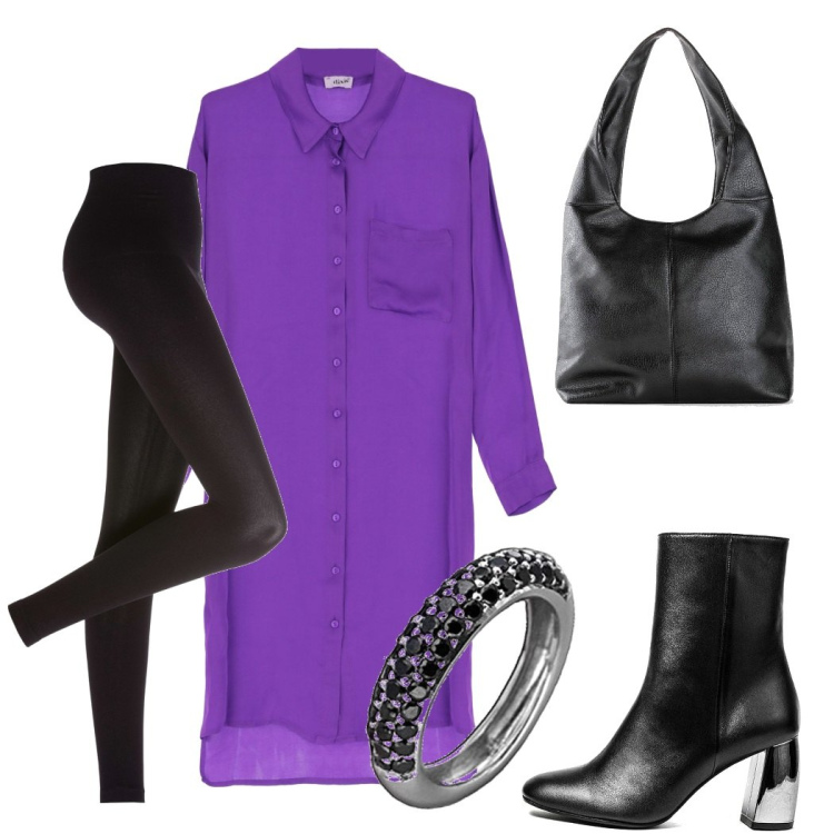 Outfit donna - Violetta. Stile Romantica per Serata fuori. Abbinamento con leggings, borse a spalla, stivaletti, vestiti chemisier, anelli.