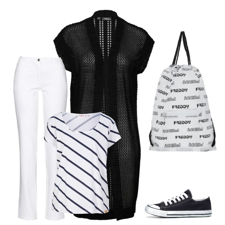 Outfit donna - Sportiva me. Stile Basic per Tutti i giorni. Abbinamento con pantaloni, gilet, t-shirt, scarpe sportive, zaini.