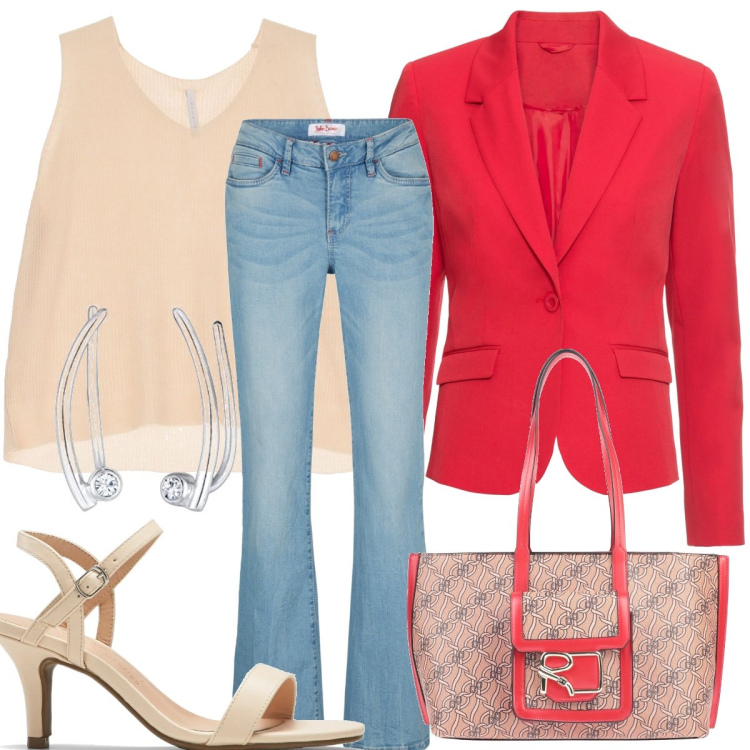 Outfit donna - Blazer per la primavera. Stile Glamour per Tutti i giorni. Abbinamento con jeans bootcut, blazer, sandali col tacco, borse a spalla, canottiere, orecchini.