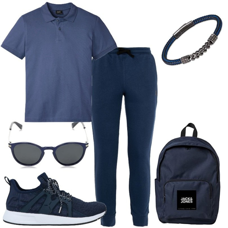 Outfit uomo - La polo colore indaco. Stile Casual per Tutti i giorni. Abbinamento con polo, sneakers, pantaloni, braccialetti, borse sportive, occhiali da sole.