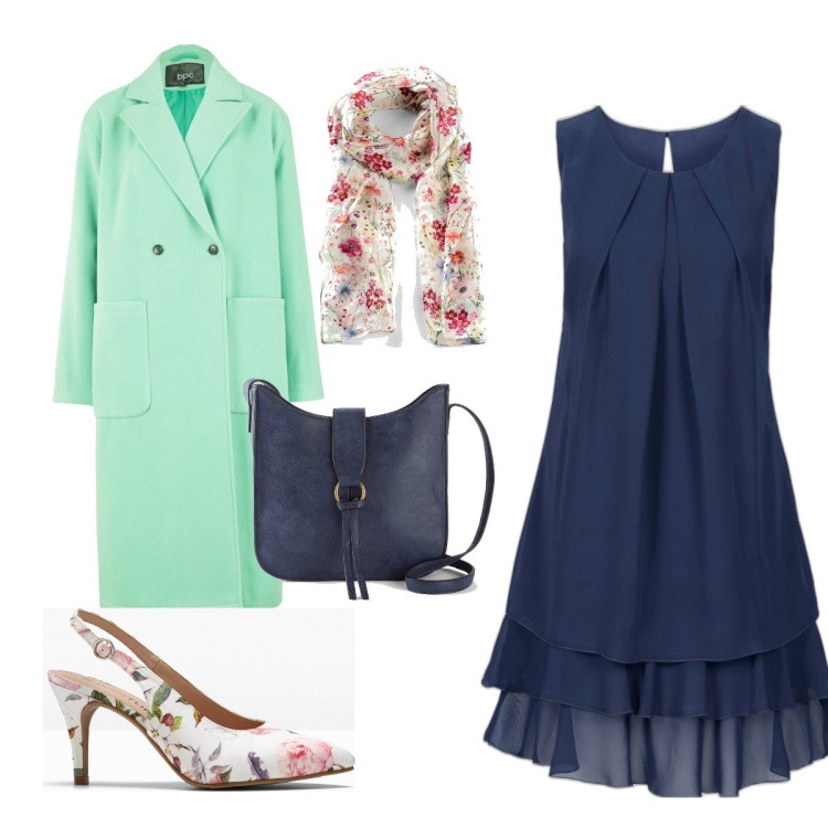 Outfit donna - Pranzo primaverile. Stile Bon Ton per Cerimonia. Abbinamento con vestiti, foulard, cappotti, décolleté, borse a tracolla.