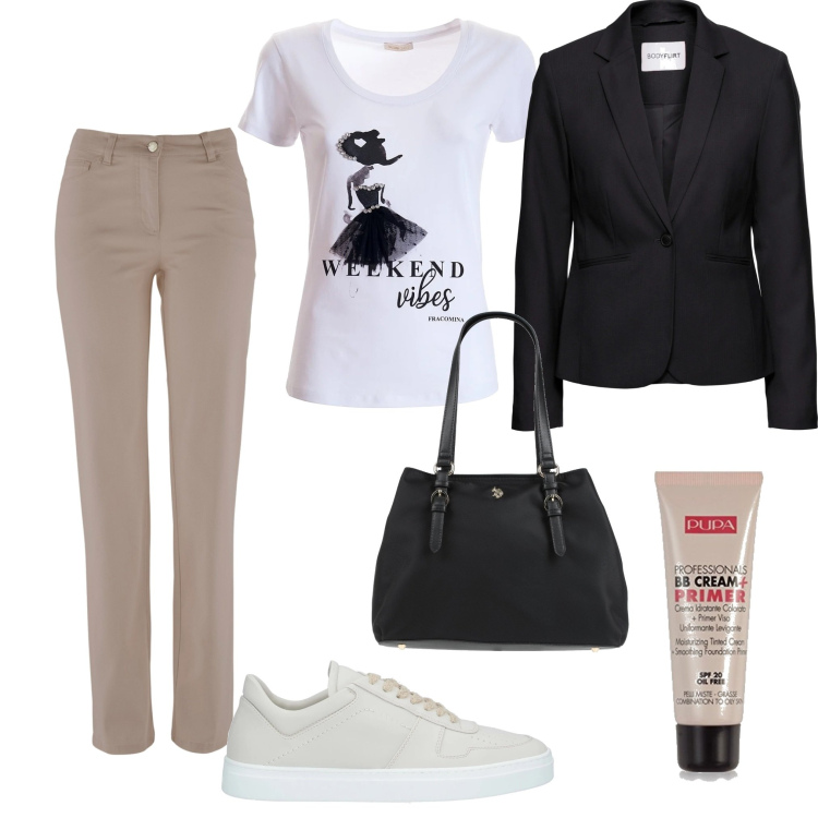 Outfit donna - Weekend e compere. Stile Urban per Tutti i giorni. Abbinamento con blazer, pantaloni, sneakers, borse a mano, t-shirt, primer.
