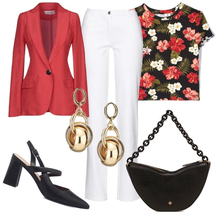 Outfit donna - La maglietta a fiori versatile. Stile Casual chic per Tutti i giorni. Abbinamento con pantaloni, blazer, t-shirt, orecchini, décolleté, borse a mano.