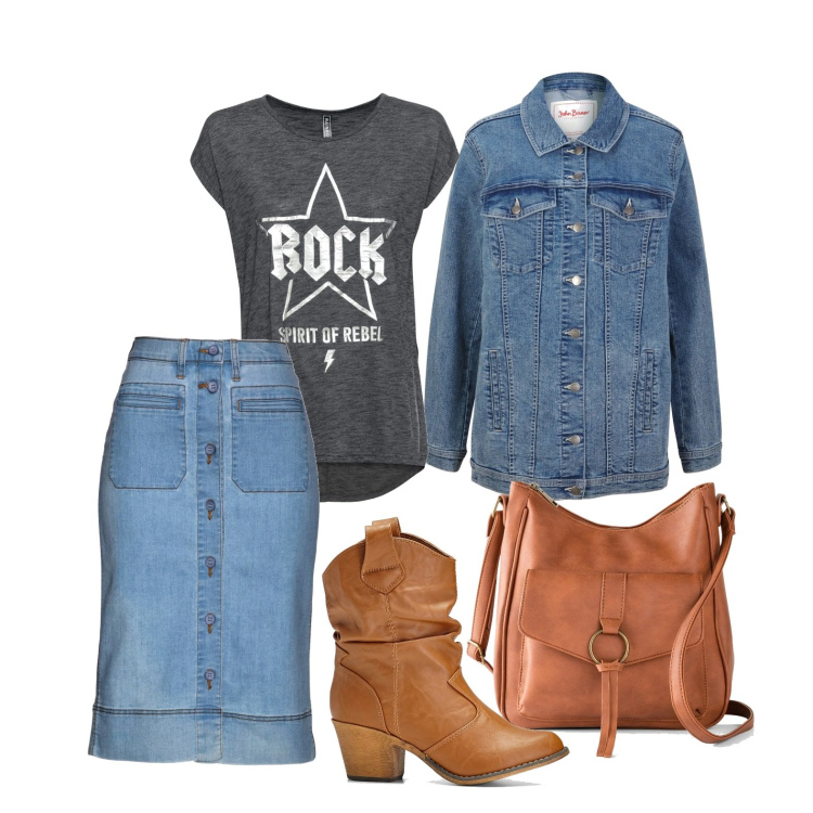 Outfit donna - Ghost outfitter - aprile BonPrix. Stile Trendy per Tutti i giorni. Abbinamento con gonne, borse a tracolla, stivaletti texani, t-shirt, blazer.
