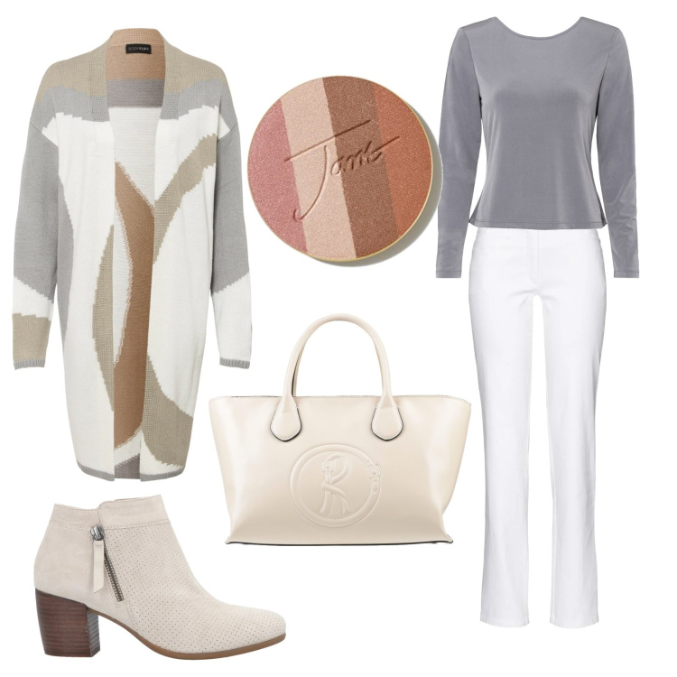 Outfit donna - Cardigan con fantasia. Stile Casual chic per Tutti i giorni. Abbinamento con pantaloni, maglieria, cardigans, stivaletti, borse a mano, terre.