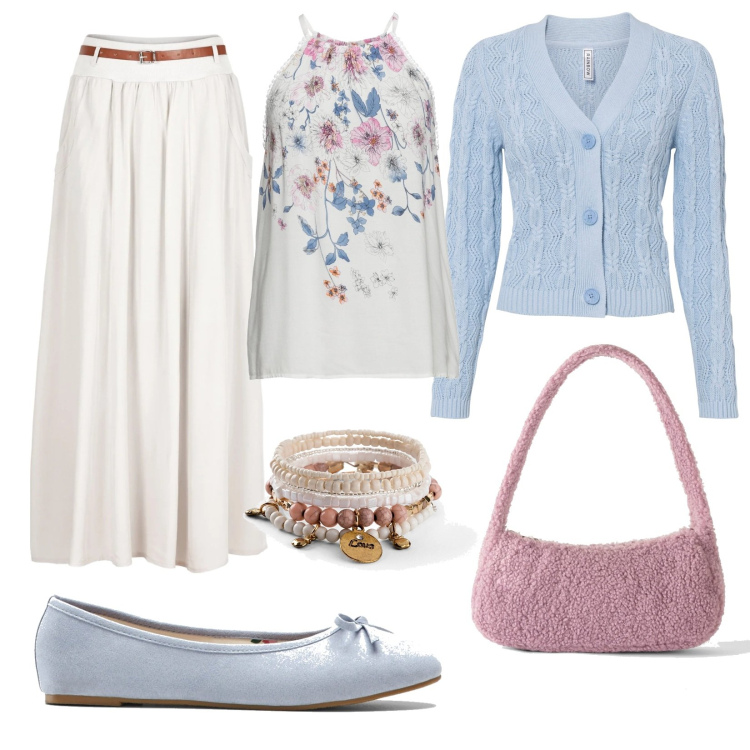 Outfit donna - Top floreale look per primavera. Stile Casual chic per Tutti i giorni. Abbinamento con gonne lunghe, top, braccialetti, cardigans, borse a mano, ballerine.