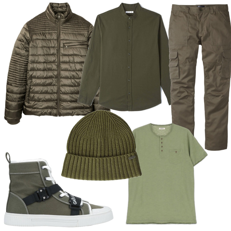 Outfit uomo - Aprile green. Stile Casual per Tutti i giorni. Abbinamento con pantaloni cargo, giacche, sneakers alte, camicie, t-shirt, berretti.