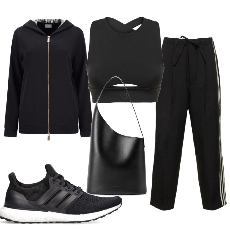Outfit donna - Total look #1584176. Stile Basic per Sport. Abbinamento con felpe con cappuccio, top, sneakers, shopping bag, pantaloni.