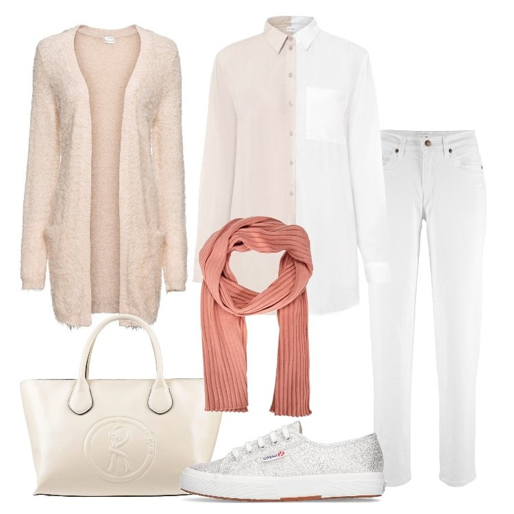Outfit donna - Cardigan a primavera Curvy Style. Stile Sporty chic per Tutti i giorni. Abbinamento con jeans mom, cardigans, camicie, borse a mano, sneakers, sciarpe.