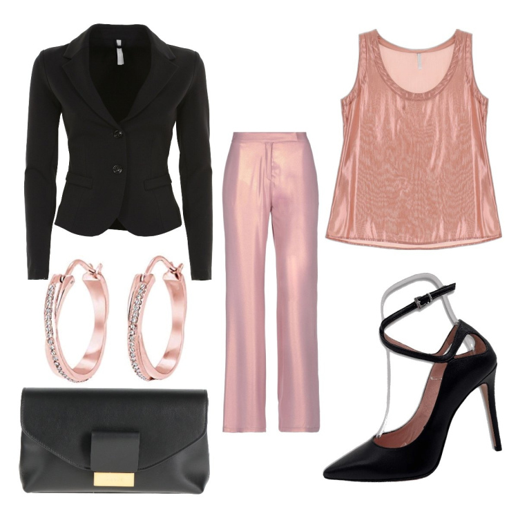 Outfit donna - Cena elegante. Stile Chic per Serata fuori. Abbinamento con pantaloni, borse a mano, canottiere, giacche, décolleté, orecchini.