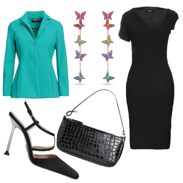 Outfit donna - Aperitivo. Stile Chic per Serata fuori. Abbinamento con vestiti corti, blazer, décolleté, borse a mano, orecchini.